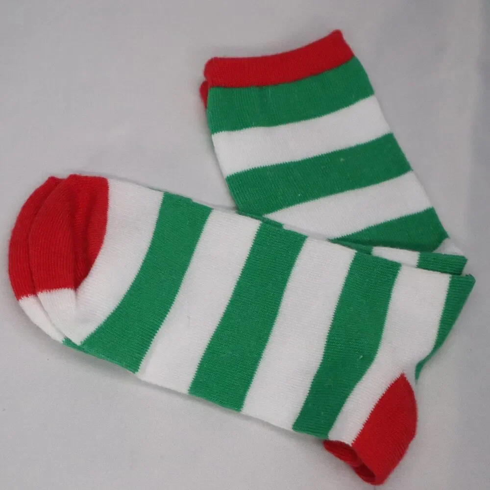 Striped Crew Socks Green White w Red Toe/heel Size 5-10 Holiday Costume